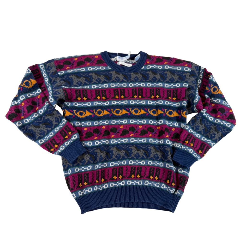Northern Isles Vtg Hand Embroidered Equestrian Horse‎ Sweater Blue Small Grandma